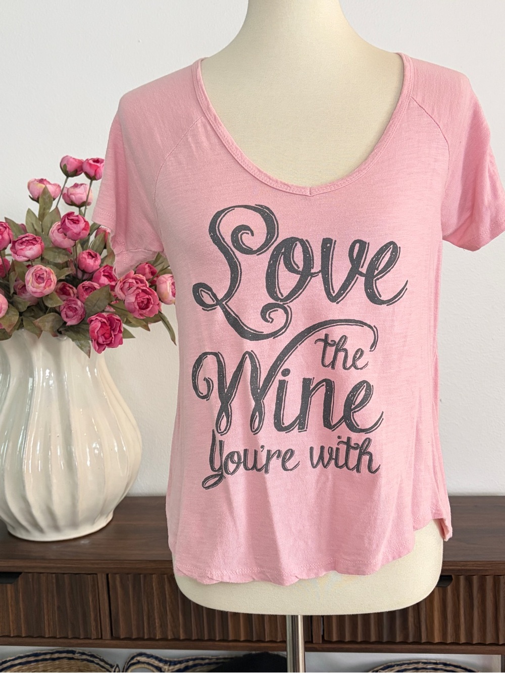 PJ Salvage Pink V-Neck Graphic Tee with Charcoal Script